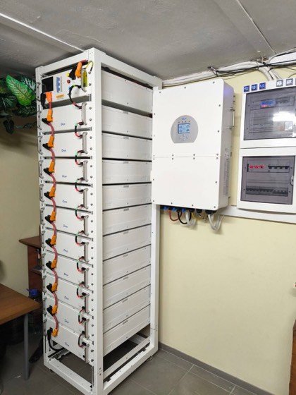 Інвертор Deye і стійка батарей у техприміщенні